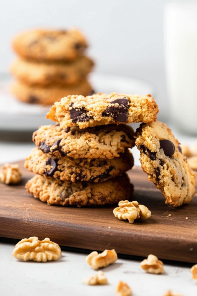 Stack of baked chocolate chip cookies on a wooden board, garnished with walnuts.