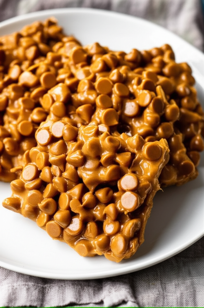 Caramel-colored, brittle candy squares covered in butterscotch chips on a white plate.