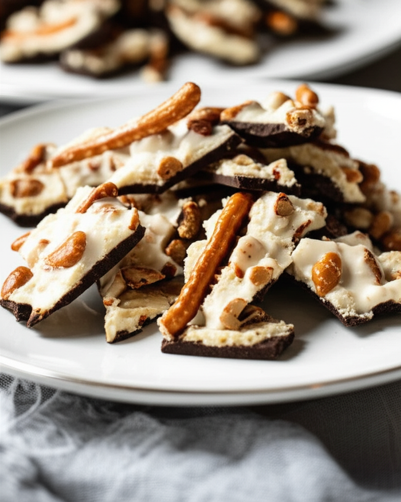 Chocolate bark with white chocolate, peanuts, and pretzel sticks on a white plate.