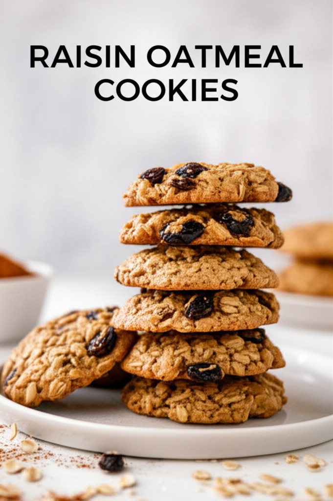 Stack of six baked raisin oatmeal cookies on a white plate.