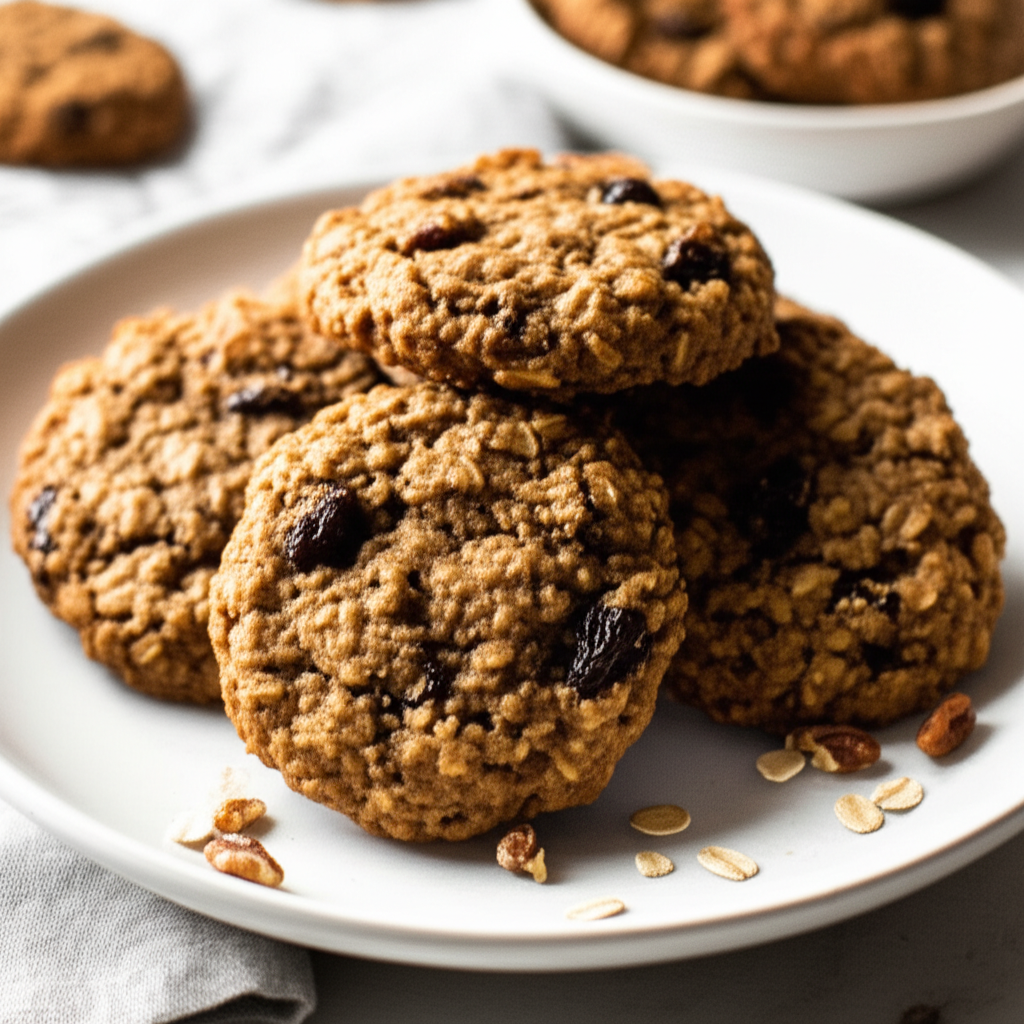 Pile of baked oatmeal cookies with raisins on a white plate, garnished with oats and pecans.