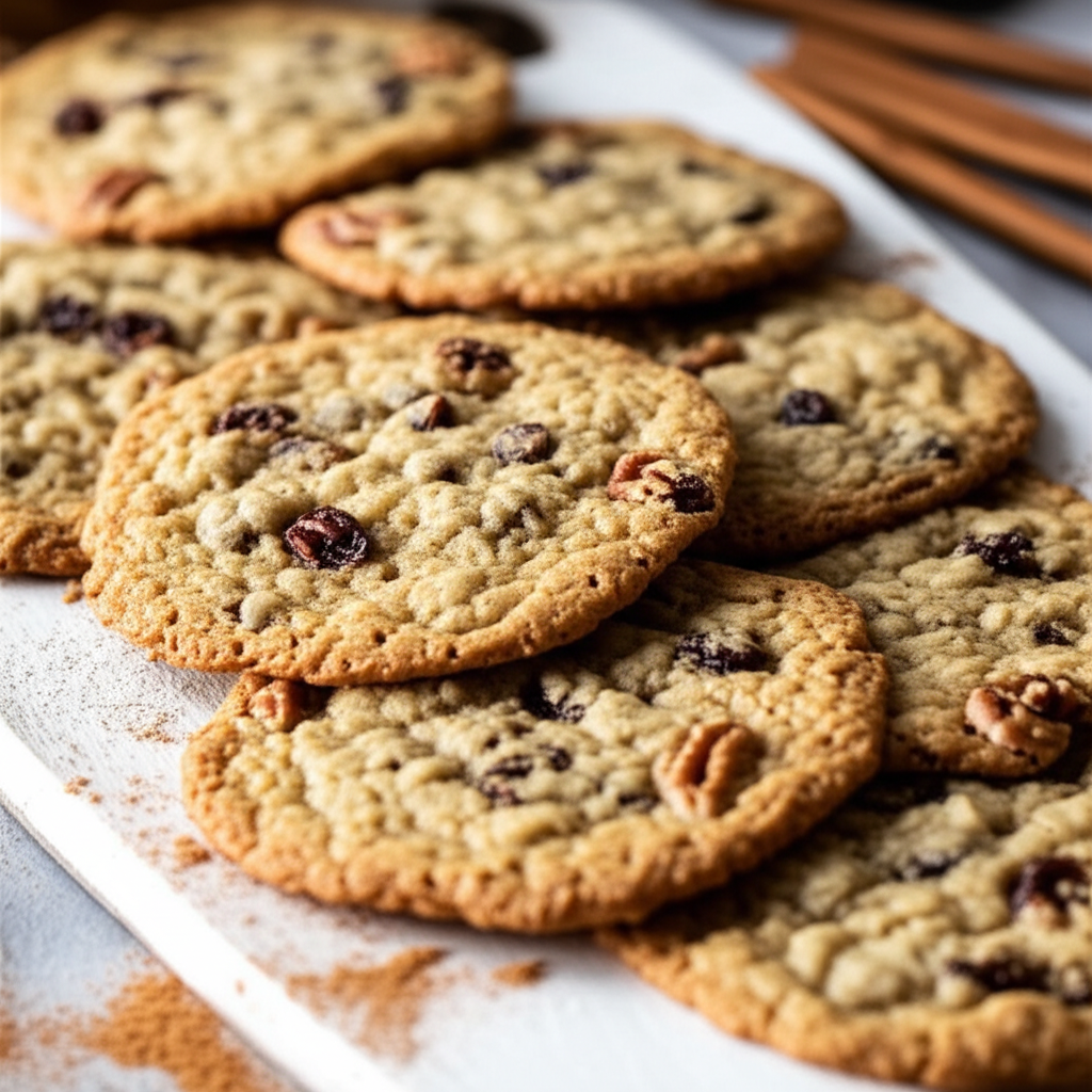 Pile of baked oatmeal drop cookies with raisins and nuts on a white board, cinnamon sticks in background.