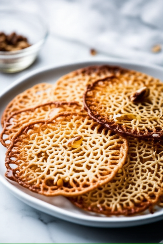 Crisp, golden-brown lace cookies stacked on a white plate, showing their delicate, web-like pattern.