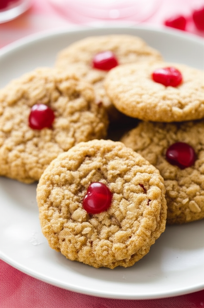Oatmeal cookies, golden brown, topped with bright red cherries, stacked on a white plate.
