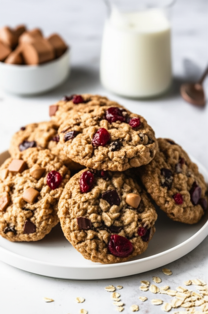 Pile of baked oatmeal cookies with toffee bits and cranberries on a white plate, served with milk.