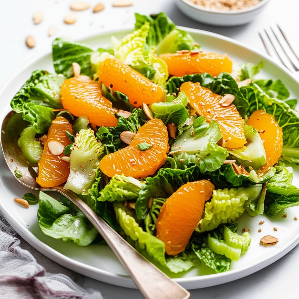 Mandarin orange salad with lettuce, celery, and sliced almonds on a white plate with a serving spoon.