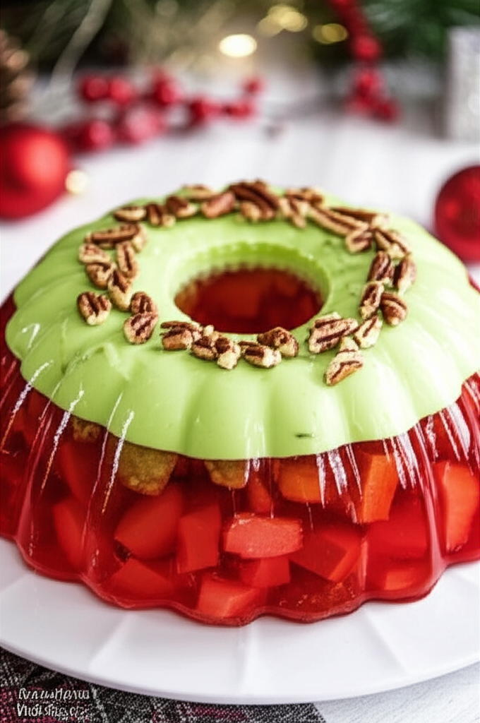 Ring mold salad with red fruit in gelatin, topped with green gelatin and pecans.