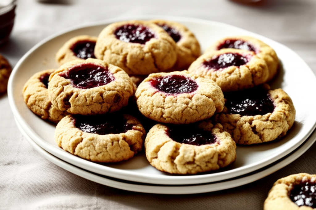 Plate of thumbprint cookies with dark berry jam filling.