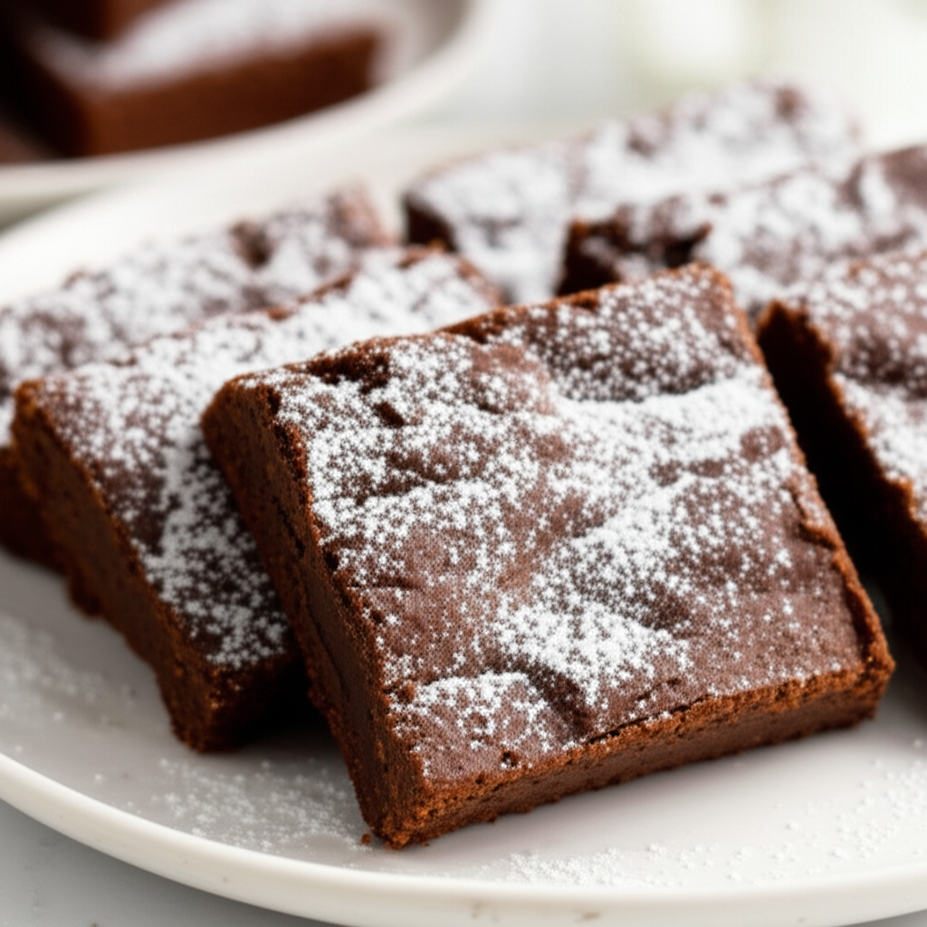 Chocolate shortbread bars, cut into squares, dusted with powdered sugar on a white plate.
