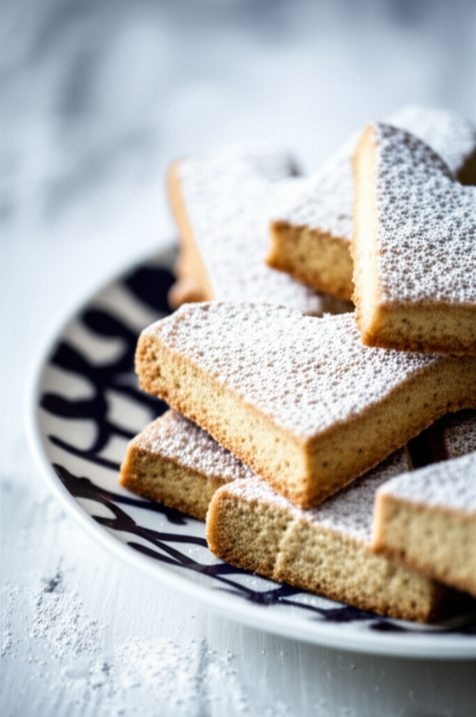 Stacked Scotch shortbread cookies, dusted with powdered sugar, on a patterned plate.