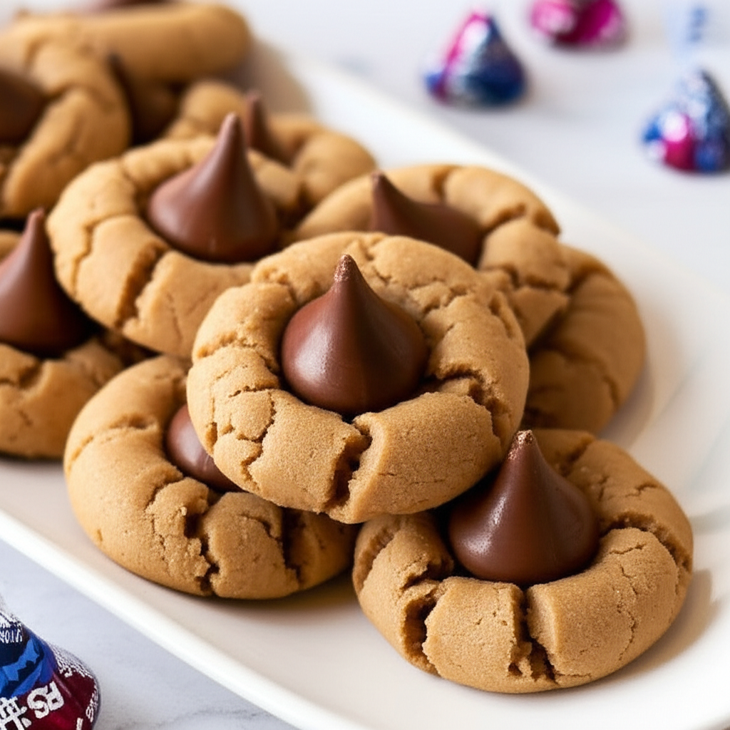 Peanut butter cookies topped with chocolate kisses on a white plate.