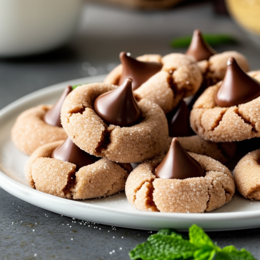 Peanut butter cookies, sprinkled with sugar, each topped with a chocolate kiss on a white plate.