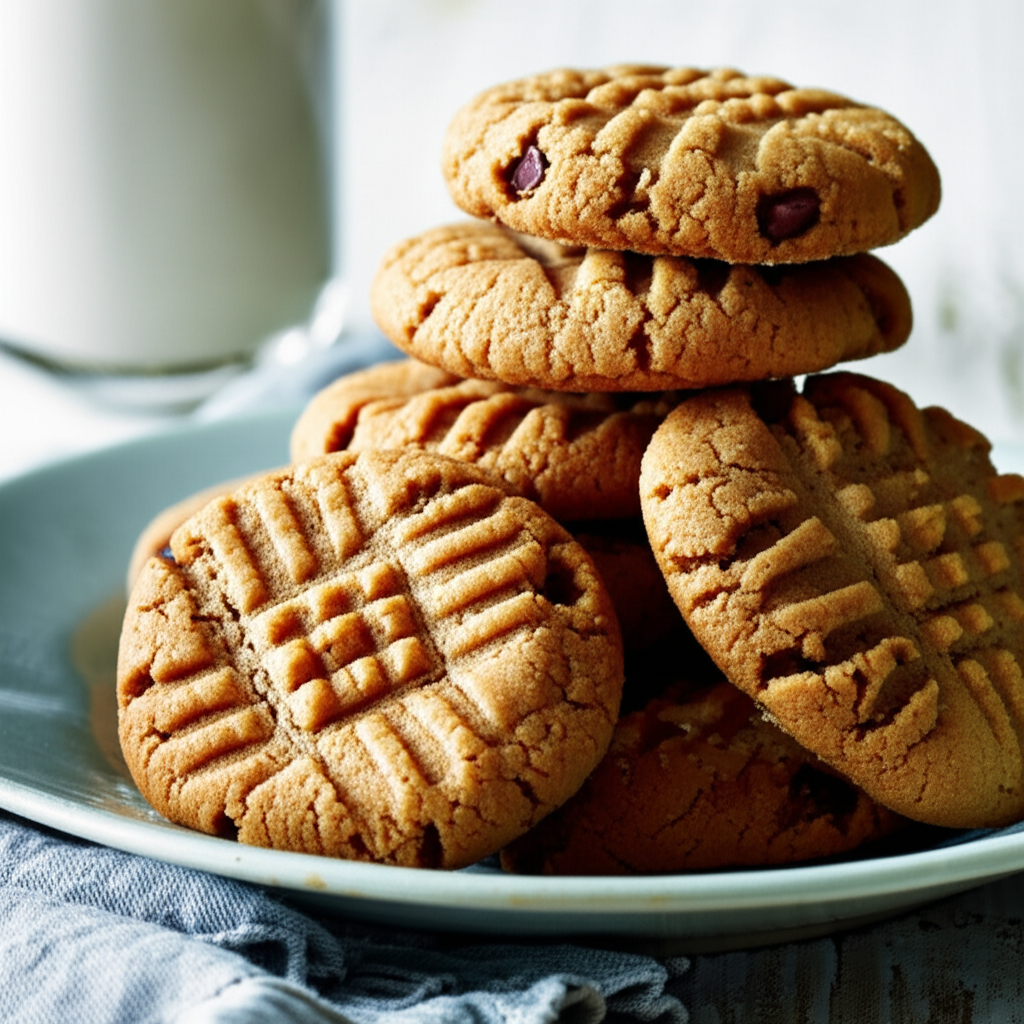 Stack of peanut butter cookies on a plate, some with chocolate chips, showing fork-pressed pattern.