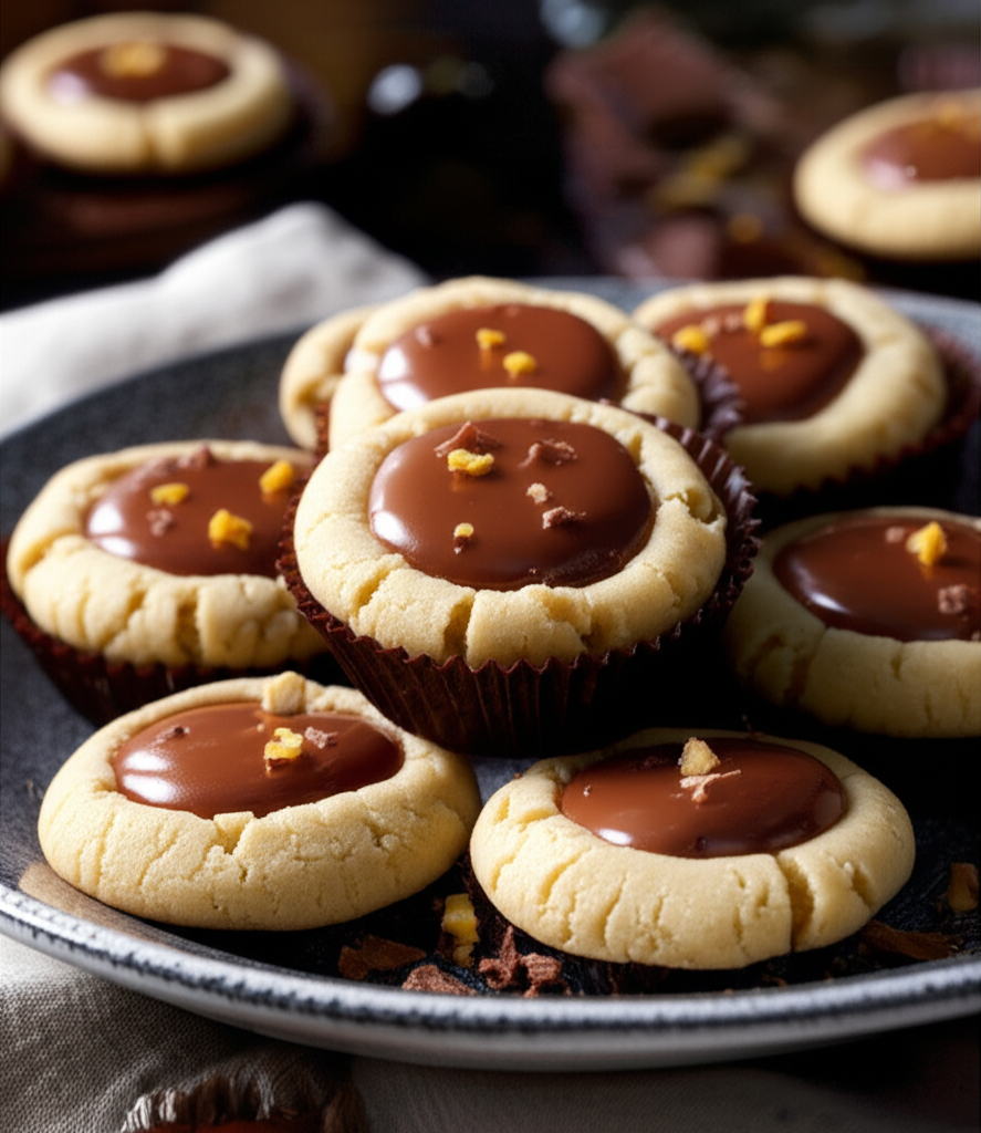 Peanut butter cookies filled with smooth chocolate ganache, garnished with orange zest.