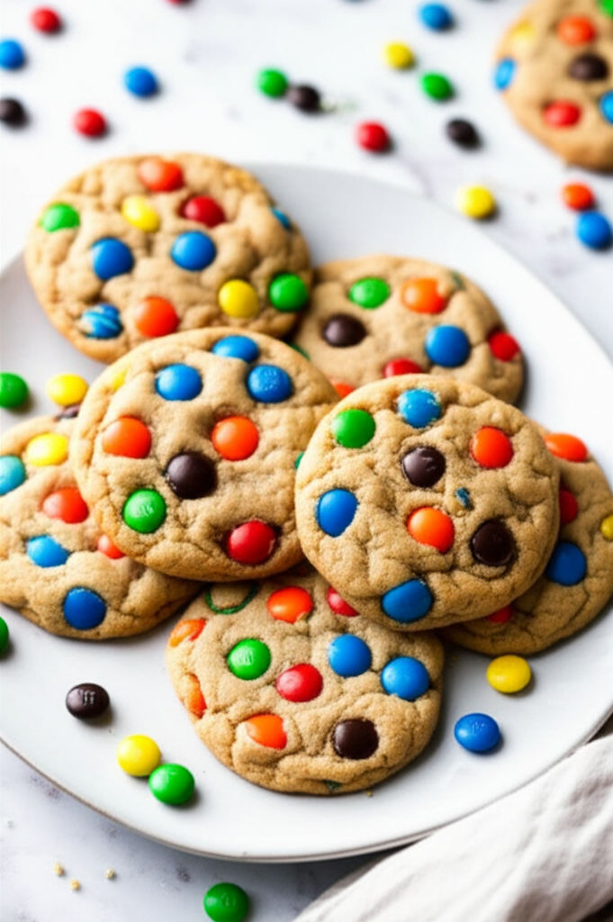 Pile of peanut butter cookies baked with colorful candy-coated chocolate pieces on a white plate.