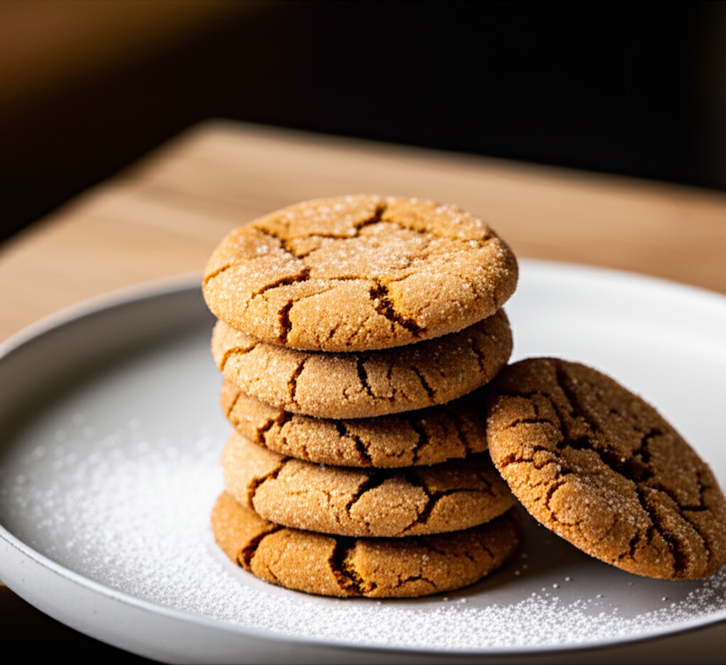 Stack of Helen's Ginger Cookies on a plate, dusted with powdered sugar, showing cracked tops.