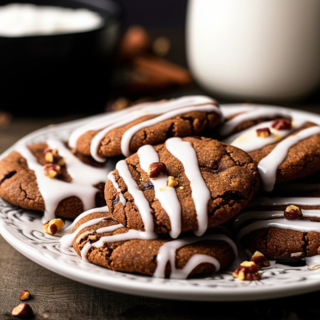 Spice cookies on a plate, drizzled with white icing and topped with chopped nuts.