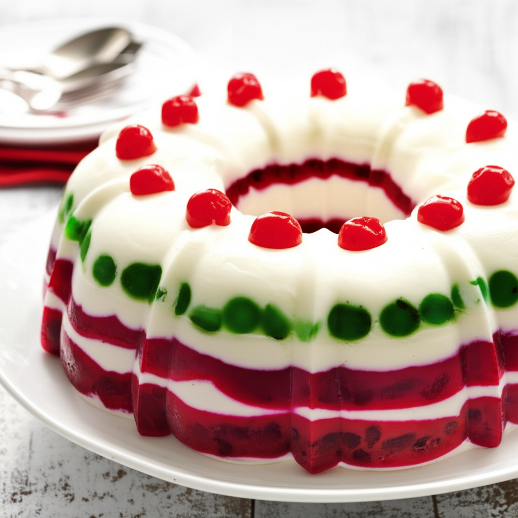 Ring-shaped layered gelatin salad with red and green layers, topped with white cream and maraschino cherries.