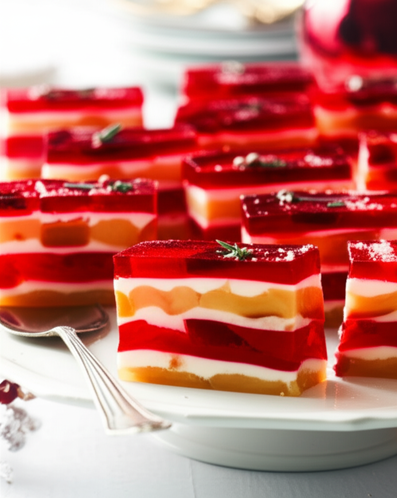 Layered Christmas Ribbon Salad: Red gelatin, cream, and fruit cubes stacked on a white plate.