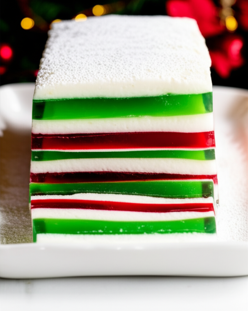 Layered gelatin loaf with red, green, and white stripes, dusted with powdered sugar, on a white plate.