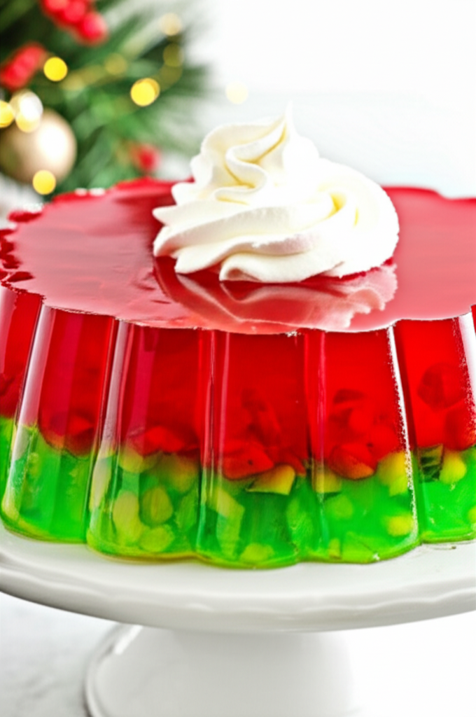 Layered red and green jello dessert with fruit, topped with whipped cream on a white cake stand.
