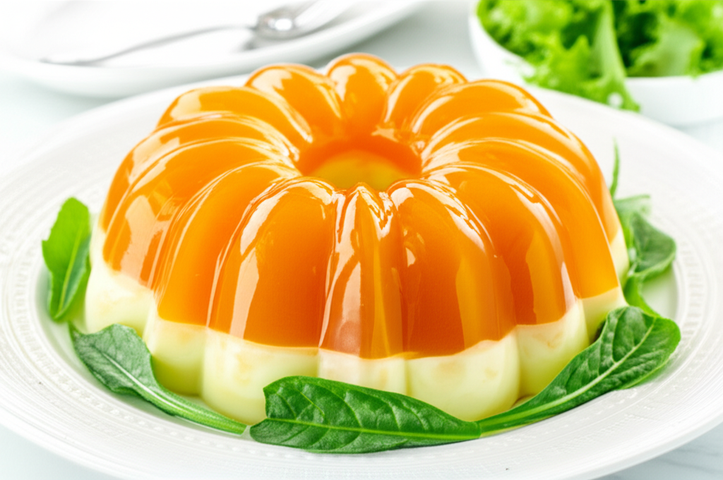 Layered orange and white gelatin salad on a white plate, garnished with green leaves.
