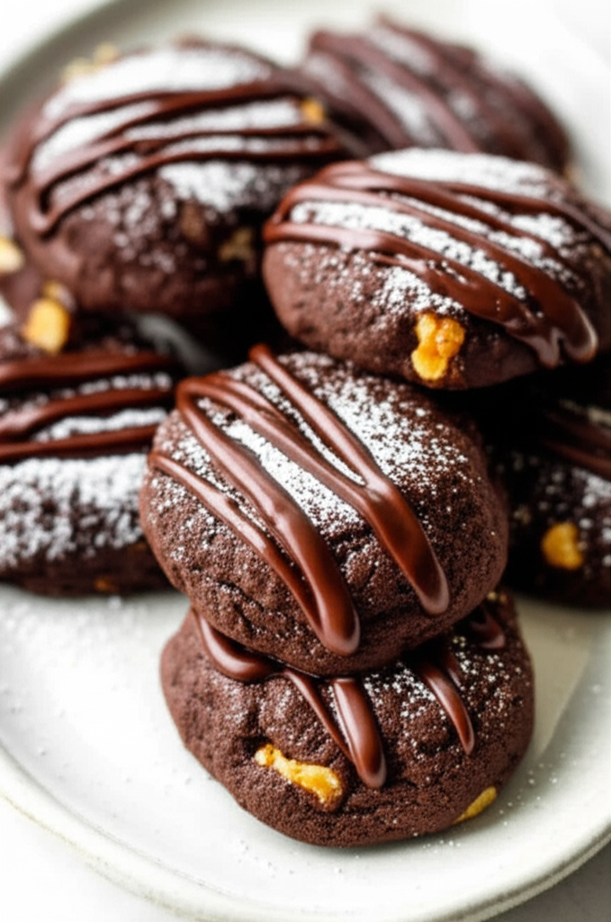 Stack of chocolate cookies dusted with powdered sugar and drizzled with chocolate.