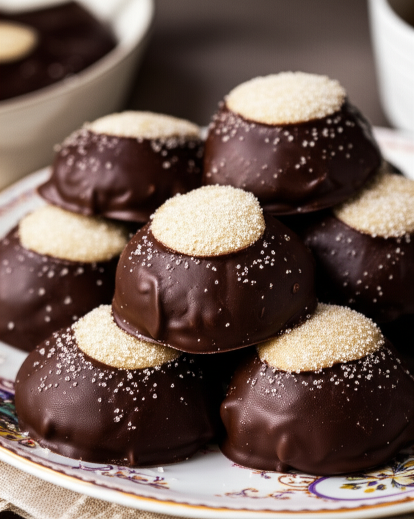 Pile of glossy, dark chocolate cookies with sugar-topped centers on a patterned plate.