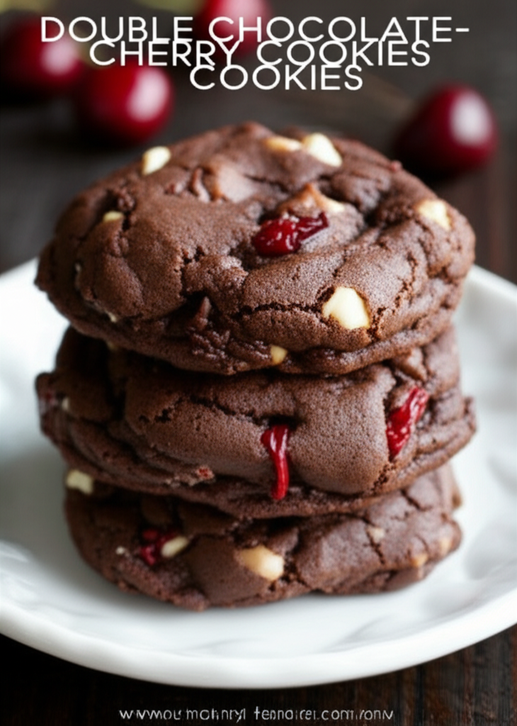 Stack of three double chocolate cookies with cherries and white chocolate chips on a white plate.