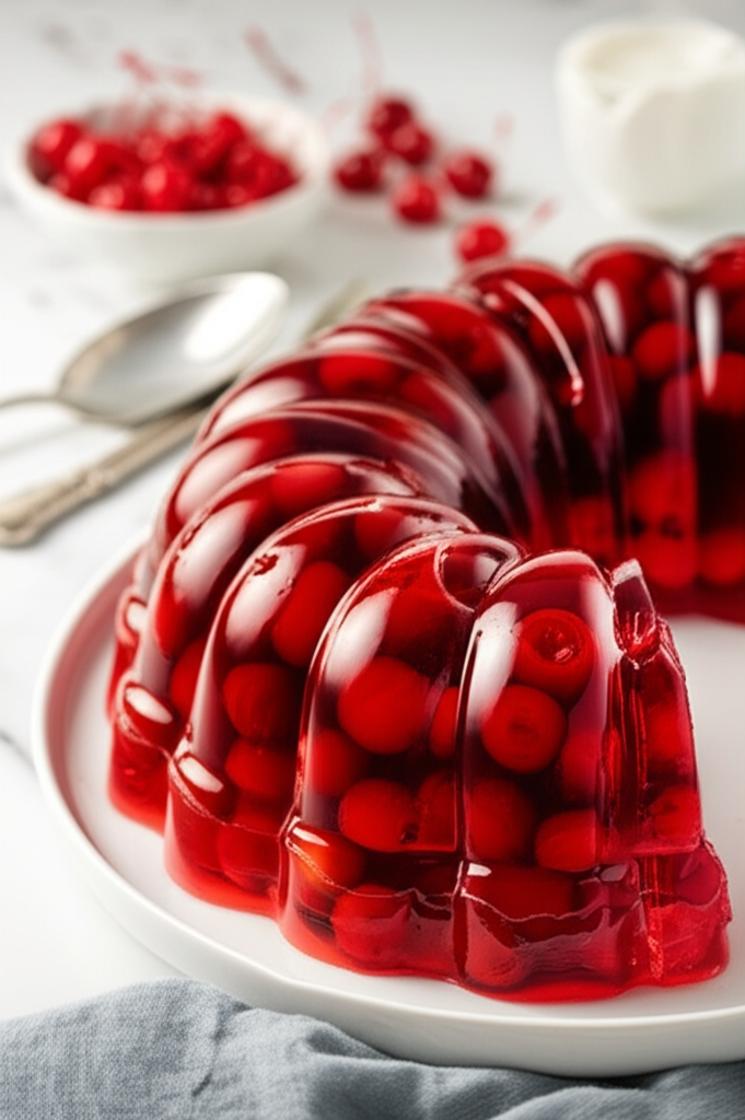 Fluted cherry jello mold on a white plate, with cherries and whipped cream in the background.