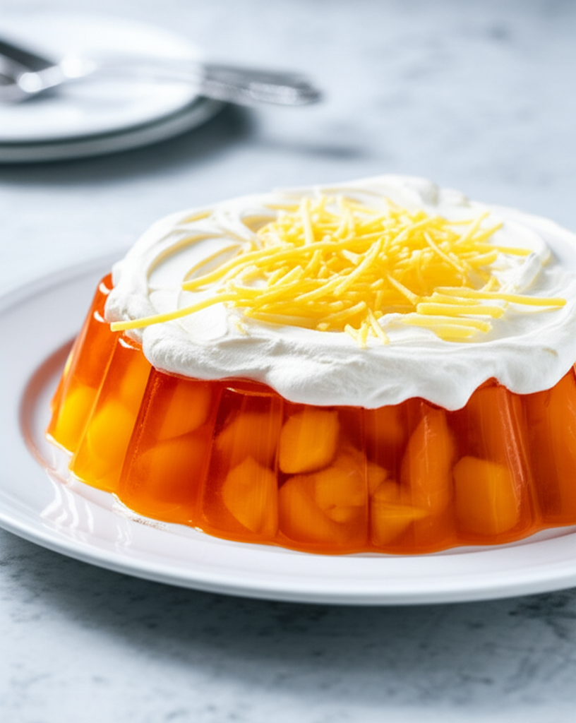 Apricot gelatin salad with fruit pieces, topped with whipped cream and shredded cheese.