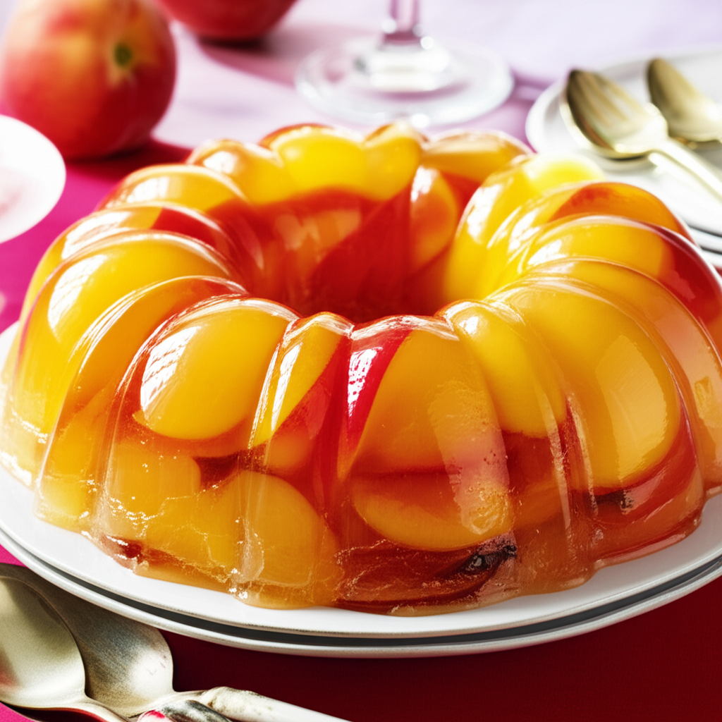 Ring-shaped peach gelatin salad with peach slices on a white plate.
