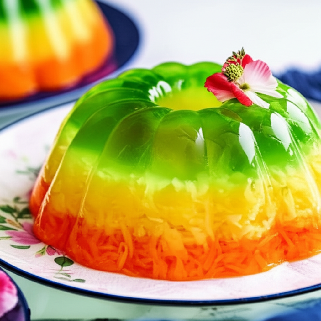 Layered gelatin salad in a fluted mold, orange, yellow, and green, garnished with a flower.