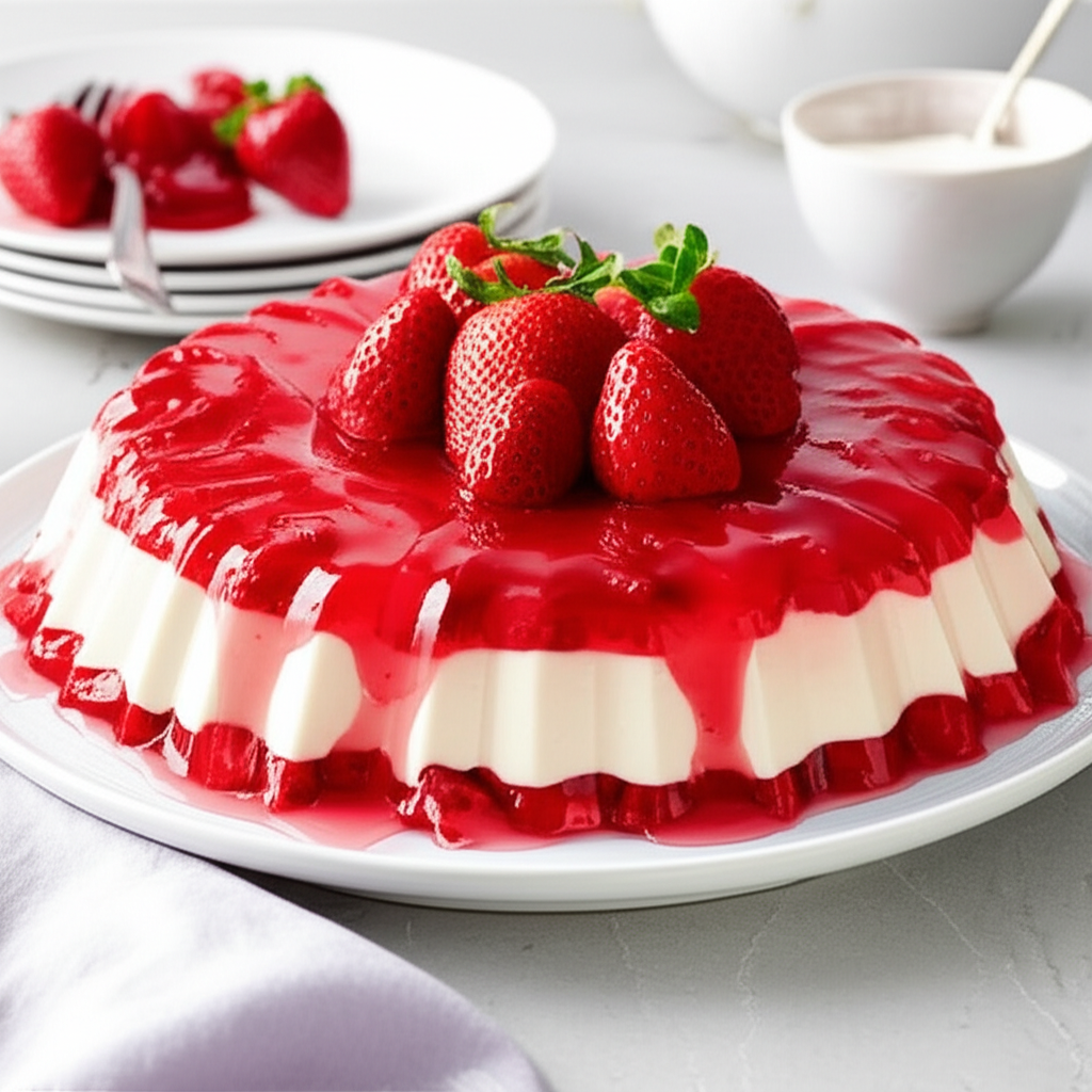 Molded strawberry salad with creamy white layers, topped with fresh strawberries and a glossy red glaze.