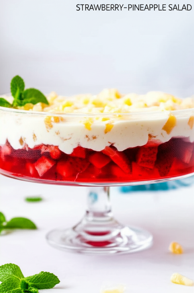 Layered strawberry-pineapple salad in glass trifle bowl. Red strawberry layer, white creamy layer, and pineapple topping. Mint garnish.