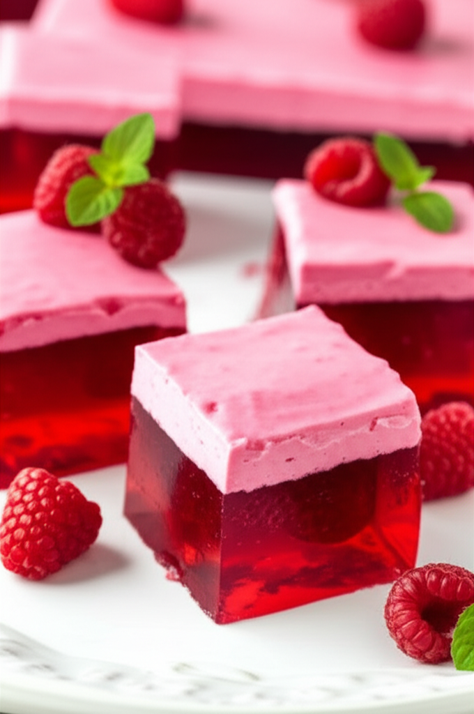 Raspberry salad: Cubes of red gelatin topped with pink mousse, garnished with fresh raspberries and mint.