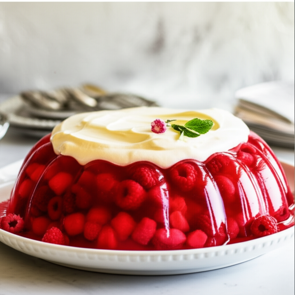 Molded raspberry jello salad with whole raspberries, topped with whipped cream, a flower, and mint.