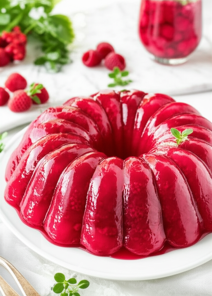 Shiny red raspberry gelatin salad in a fluted mold on a white plate, garnished with mint.