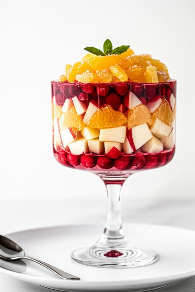 Layered cranberry salad in glass pedestal bowl, topped with orange slices and mint.