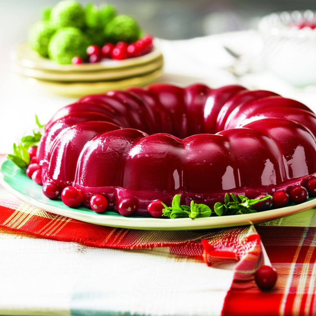 Shiny, molded cranberry ring on a plate, garnished with fresh cranberries and mint.