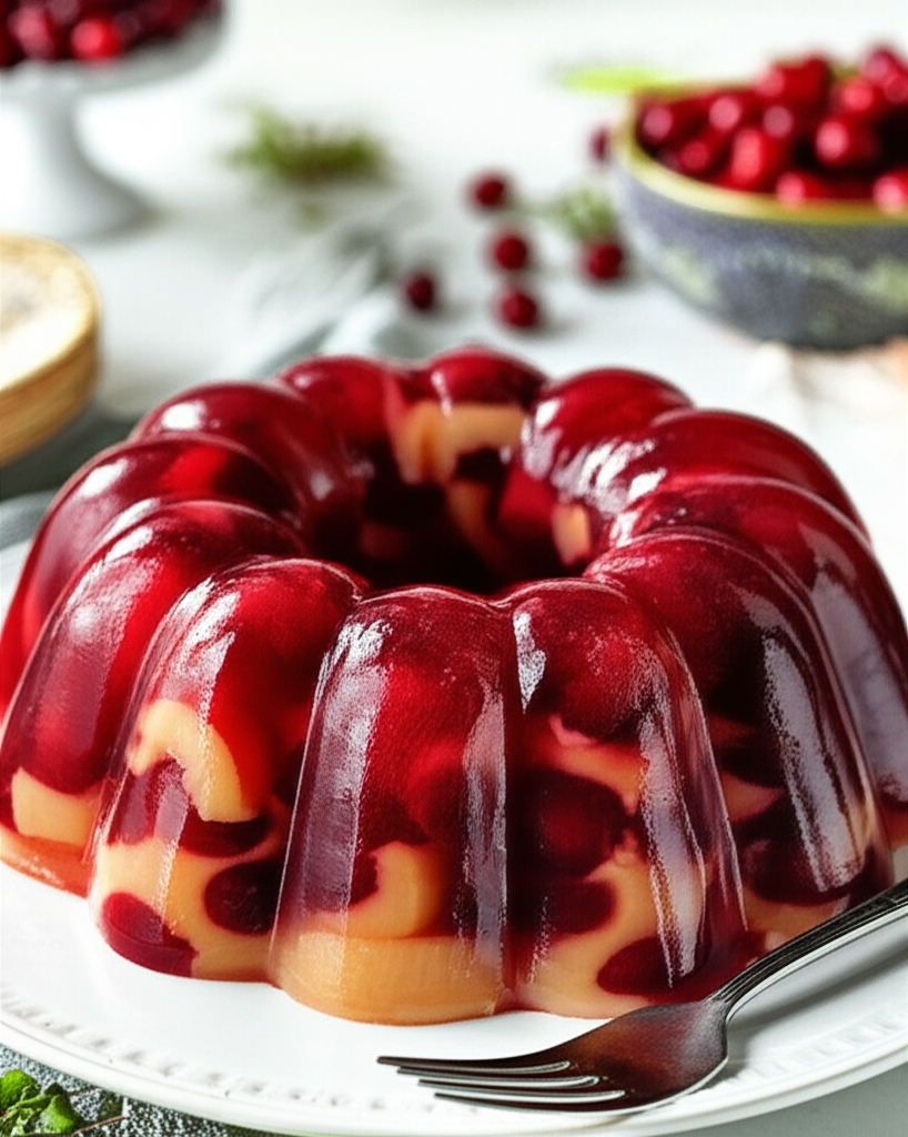 Ring-shaped cranberry salad mold with apple pieces, served on a white plate with a fork.