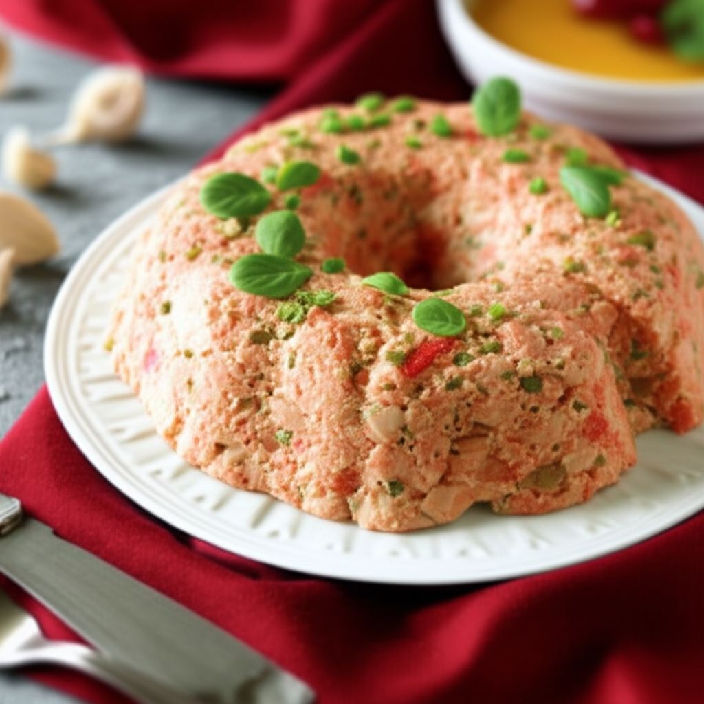 Ring-shaped seafood mold on a white plate, garnished with basil leaves and served on a red cloth.