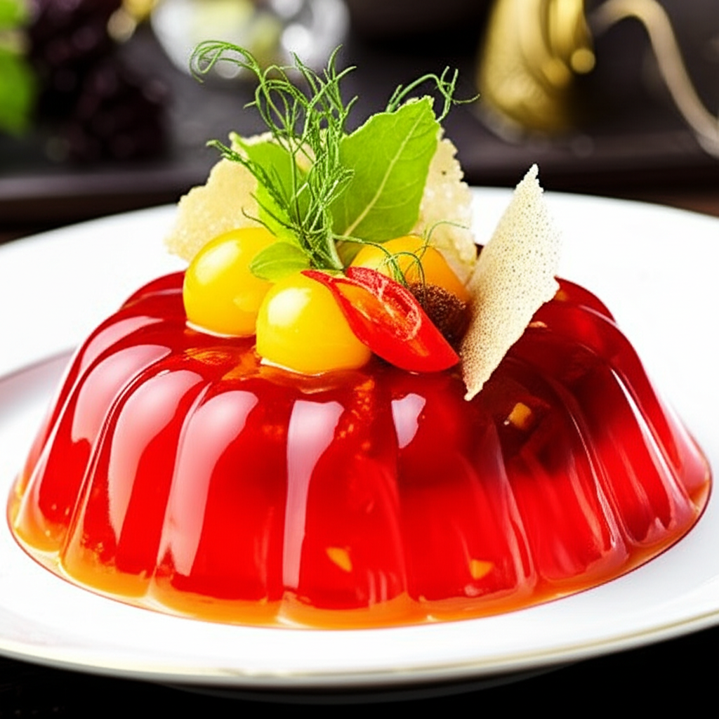 Shiny red tomato aspic mold on a white plate, topped with yellow tomatoes, herbs, and a crisp garnish.