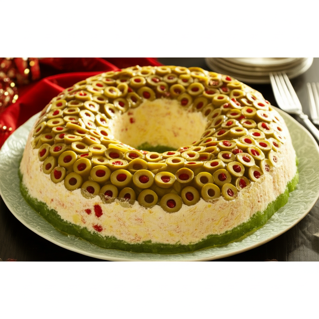 Olive wreath appetizer: Ring of cream cheese topped with pimento-stuffed green olives on a green plate.