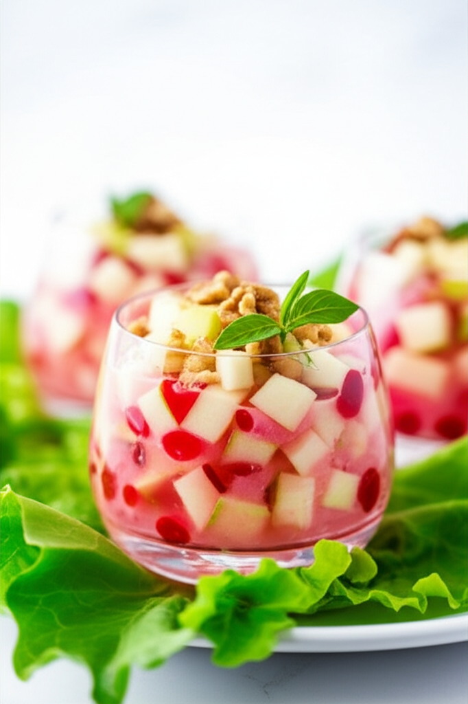 Cubed celery-apple salad with cranberries and walnuts in a glass, garnished with lettuce.