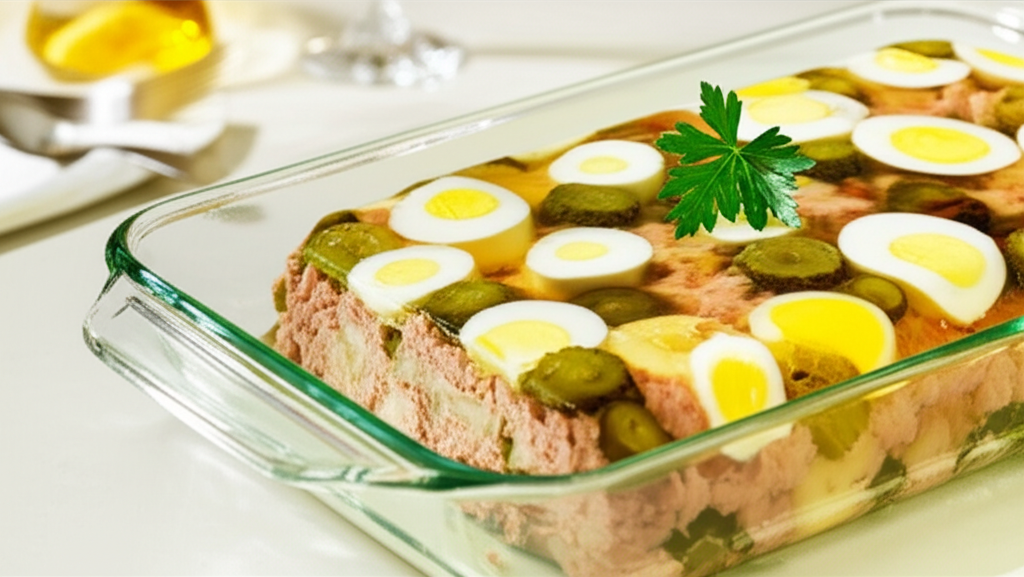 Tuna salad mold in glass dish, topped with sliced eggs and pickles, garnished with parsley.