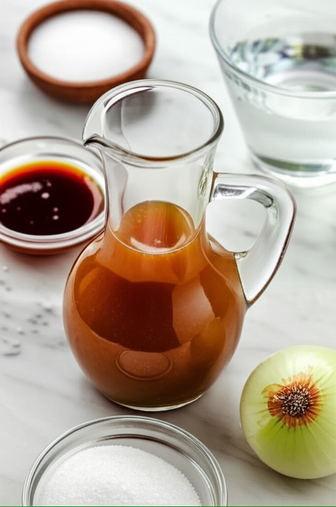 Salad dressing in glass pitcher with ingredients: soy sauce, sugar, water, and onion.