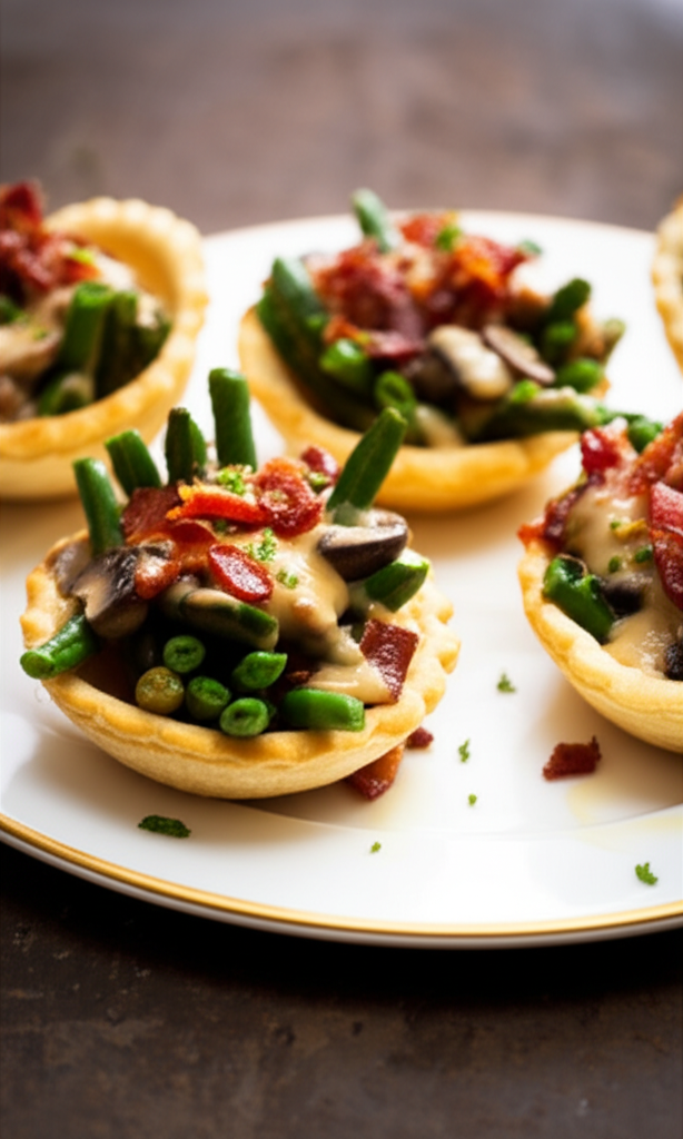 Green bean tartlets with mushrooms, bacon, and creamy sauce on a white plate.