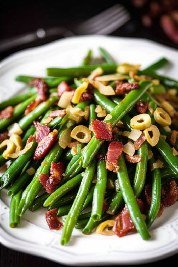 Sautéed green beans with bacon, olives, and garlic chips on a white plate.
