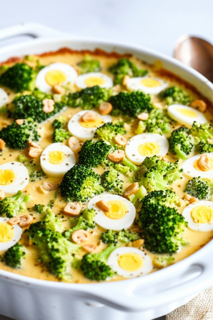 Baked broccoli casserole in white dish, topped with sliced hard-boiled eggs and chopped nuts in a creamy sauce.